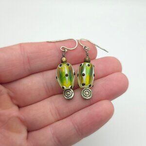 925 Sterling Silver Cute Handmade Green Glass Swirls Dangle Earrings